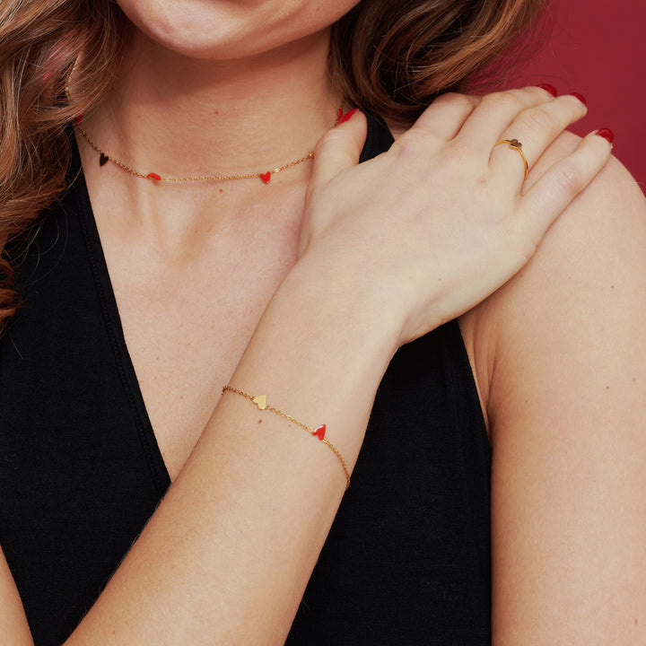 Linnea - Bracciale a Catena Cuore Rosso e Oro Inossidabile